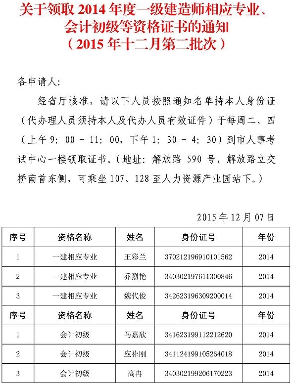 蚌埠市2014年一级建造师相应专业证书领取(2015年12月第二批次)