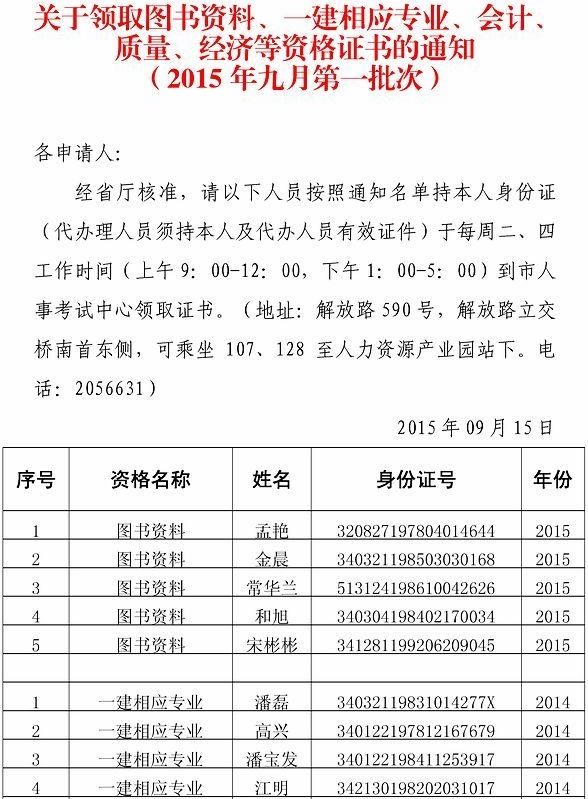 蚌埠市一建相应专业证书领取通知(2015年九月第一批次)