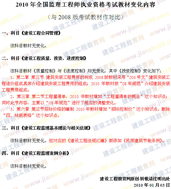 2010年全国监理工程师执业资格考试教材变化内容