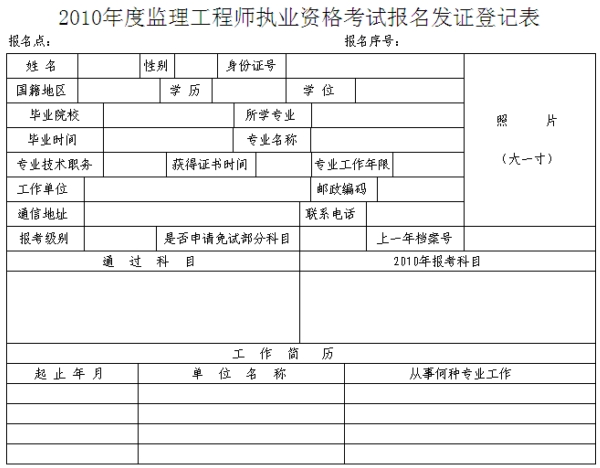 2010年度监理工程师执业资格考试报名发证登记表