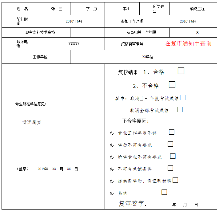 重庆市一级注册消防工程师考试报名条件复审表