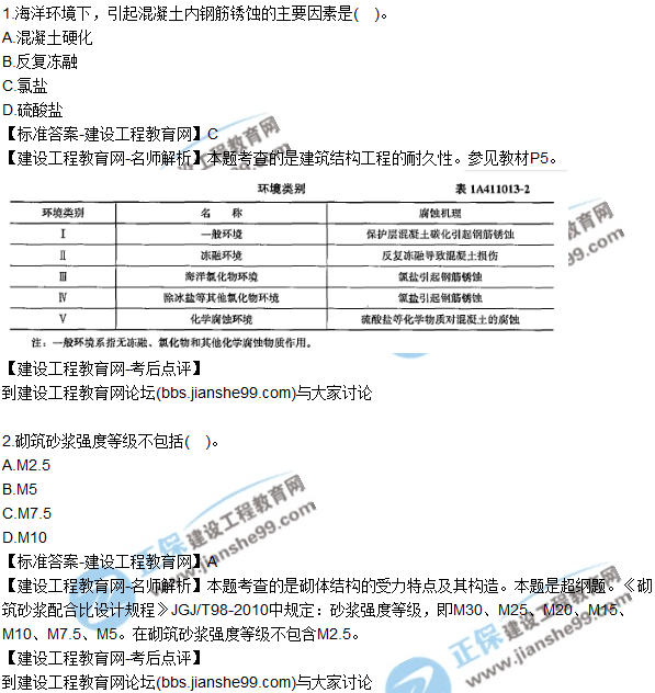 2017一级建造师《建筑实务》试题及答案（1-10）