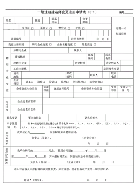 一级建造师证书注册变更申请表