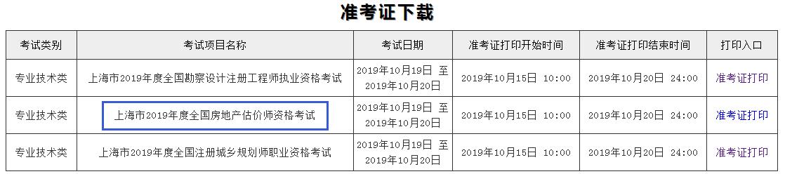 上海2019年房地产估价师准考证打印入口已开通