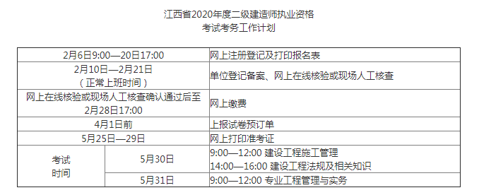 江西2020年二级建造师考试安排