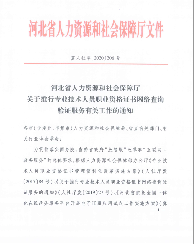 河北关于推行专业技术人员职业资格证书网络查询验证服务工作通知