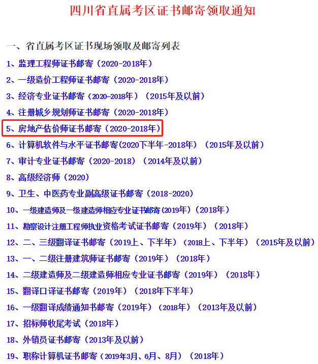 2020年四川省直属考区房地产估价师证书邮寄领取通知