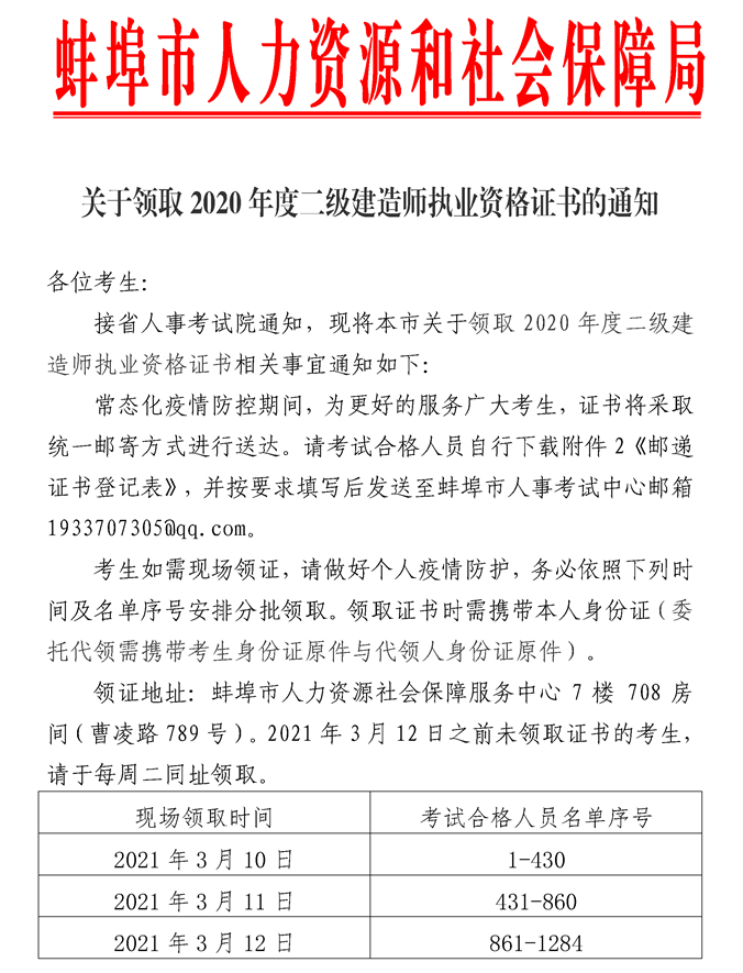 安徽蚌埠关于领取2020年度二级建造师职业资格证书的通知