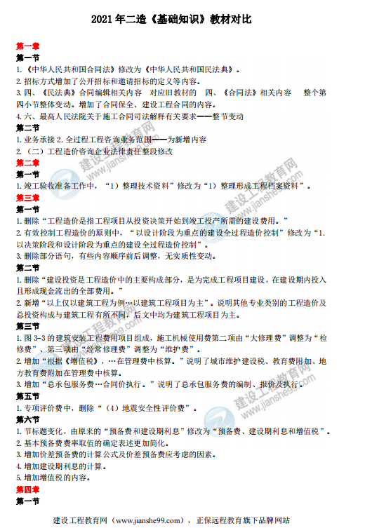 2021年二级造价师《建设工程造价管理基础知识》（全国通用版）新教材变化解读