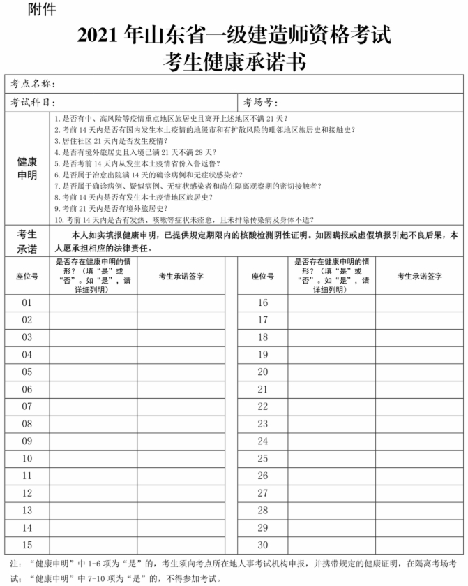 2021年山东省一级建造师资格考试考生疫情防控告知书