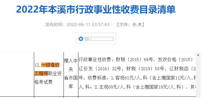 2022年本溪市一级造价工程师考试收费清单