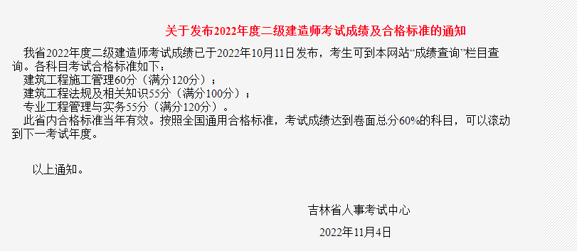 吉林2022年度二级建造师考试合格标准通知