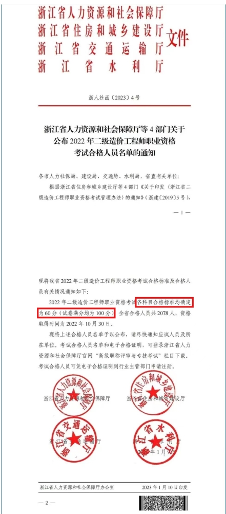 浙江省公布2022年二级造价师考试合格人员名单的通知