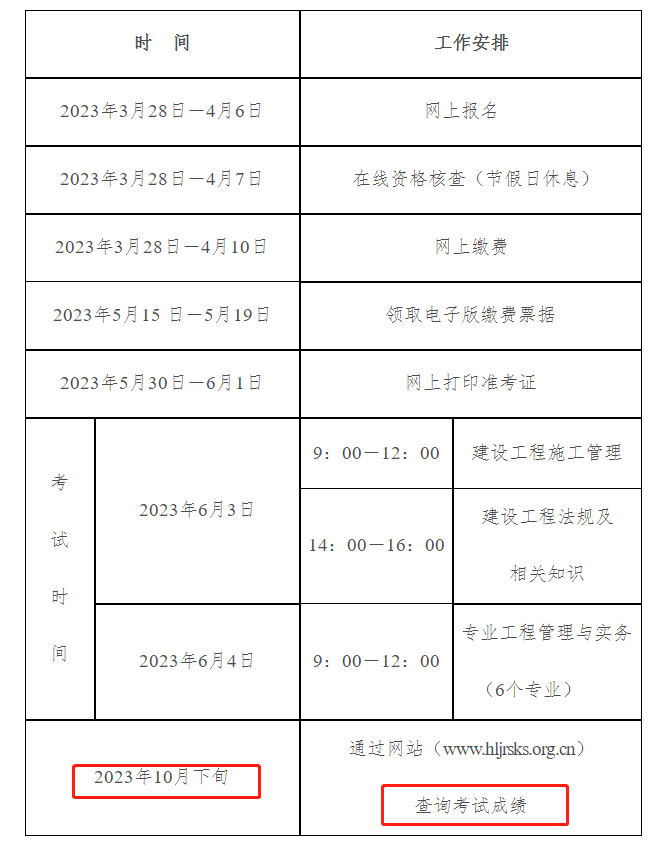 黑龙江2023年二建考试成绩查询时间：2023年10月下旬