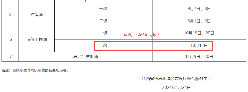 2024年陕西省二级造价工程师考试时间为10月13日