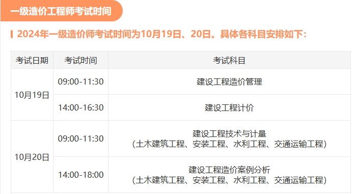 一级造价师考试时间 一级造价师考试时间