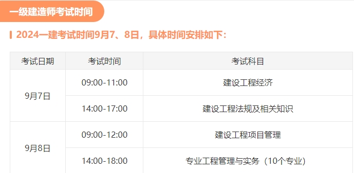 一级建造师考试安排