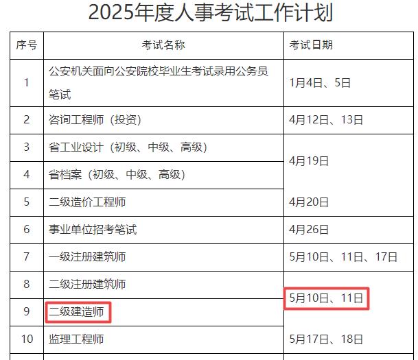 2025年浙江二级建造师考试时间5月10日、11日