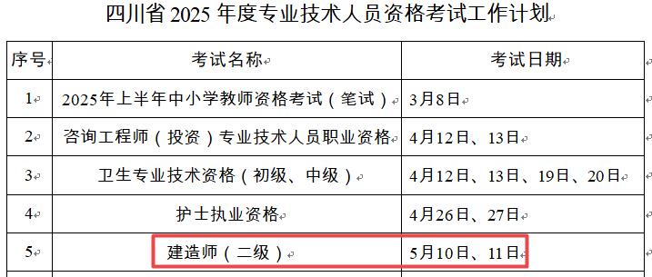 2025年四川二级建造师考试时间5月10日、11日