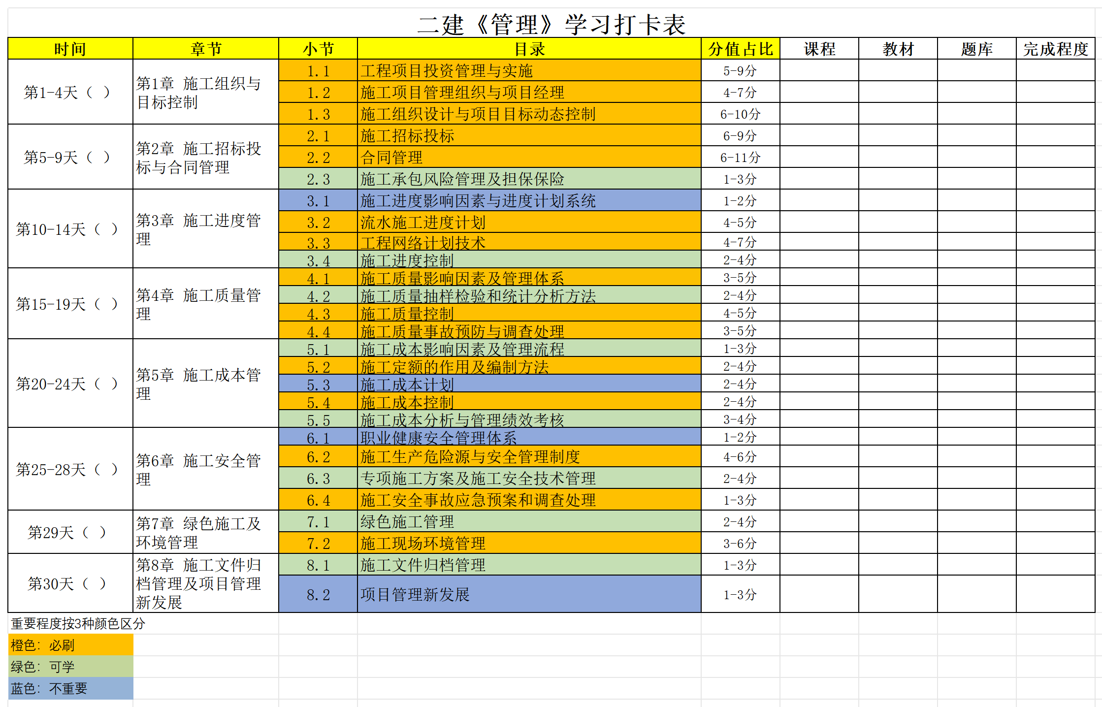 2026年二级建造师学习打卡表_管理12 2026年二级建造师学习打卡表_管理12
